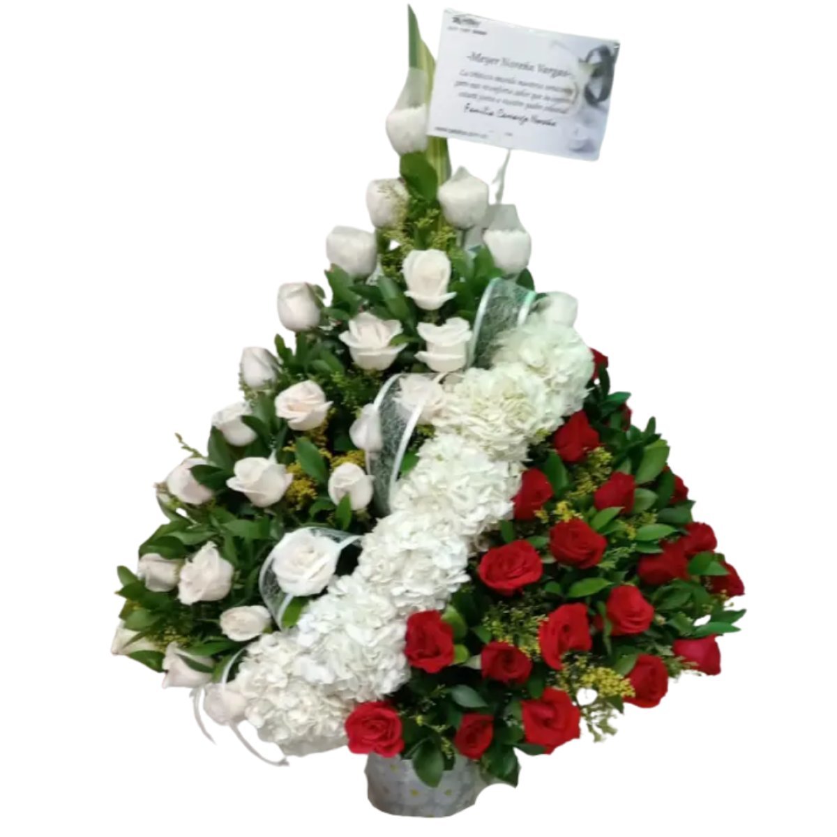 Funebre piramide de rosas blancas y rojas con hortensias