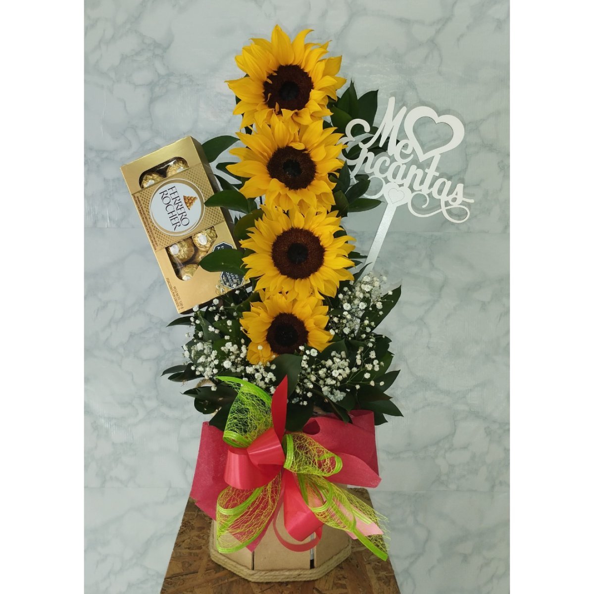 Balde de girasoles con chocolates Ferrero Rocher