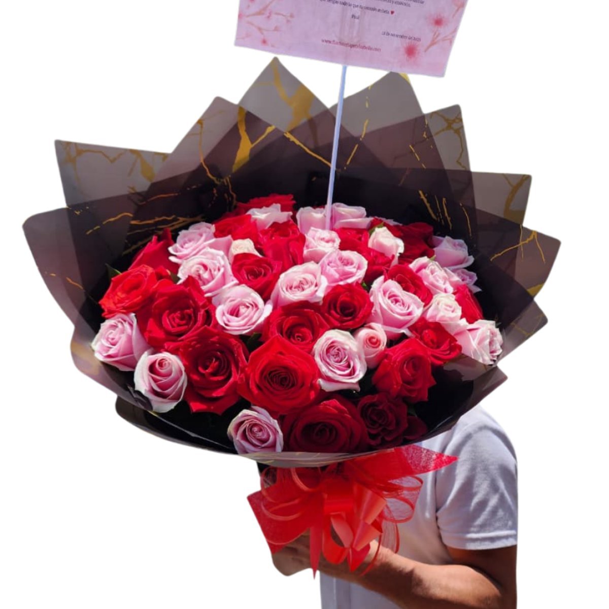 Bouquet buchona de 100 rosas rojas y rosadas