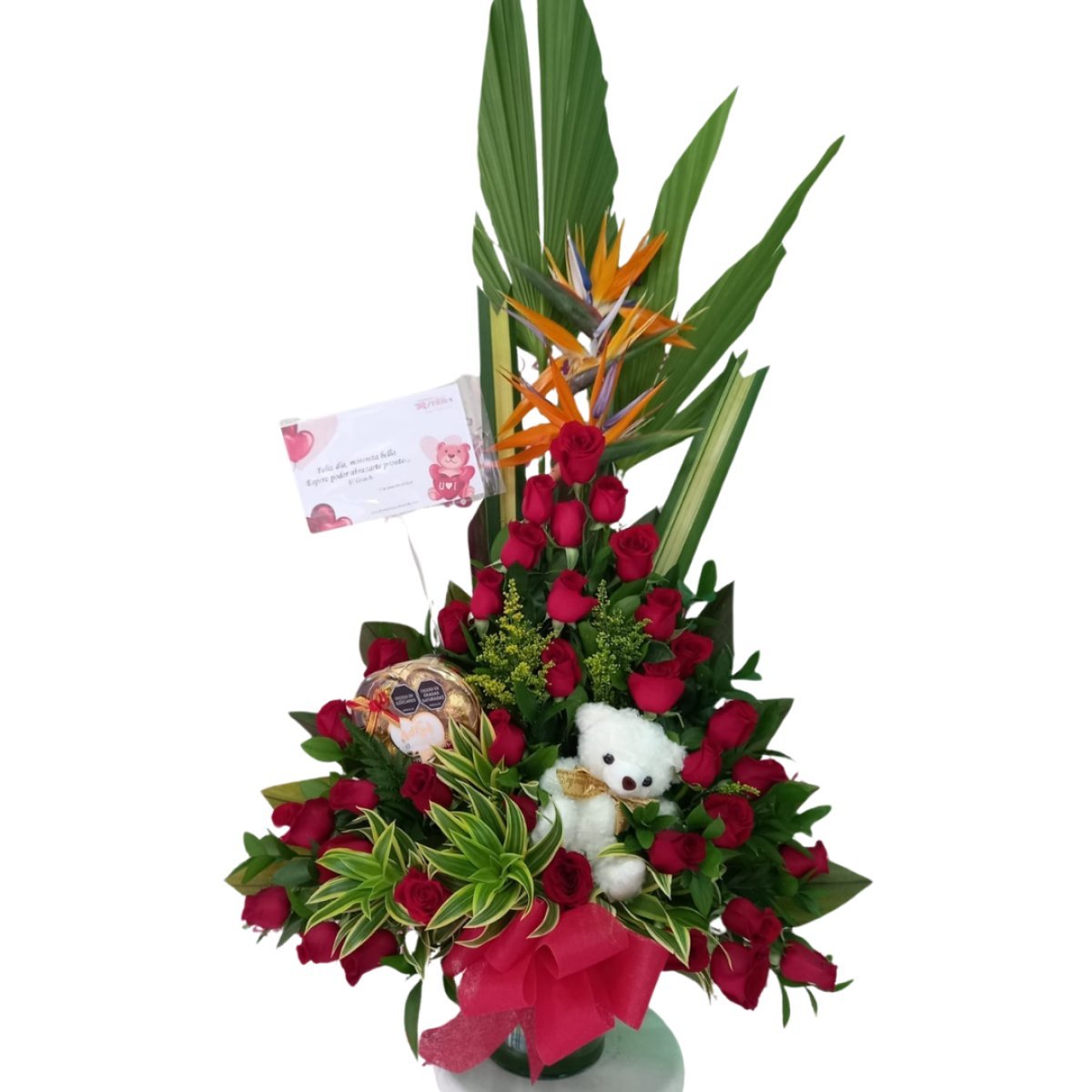 Pirámide de rosas rojas con chocolates y peluche