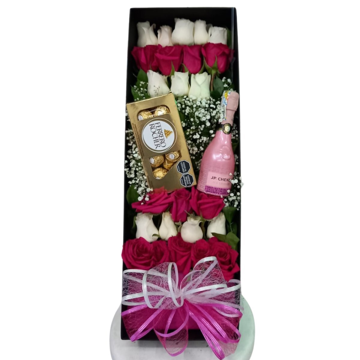 Caja de rosas bicolor con champagne JP Chanet y Ferrero Rocher