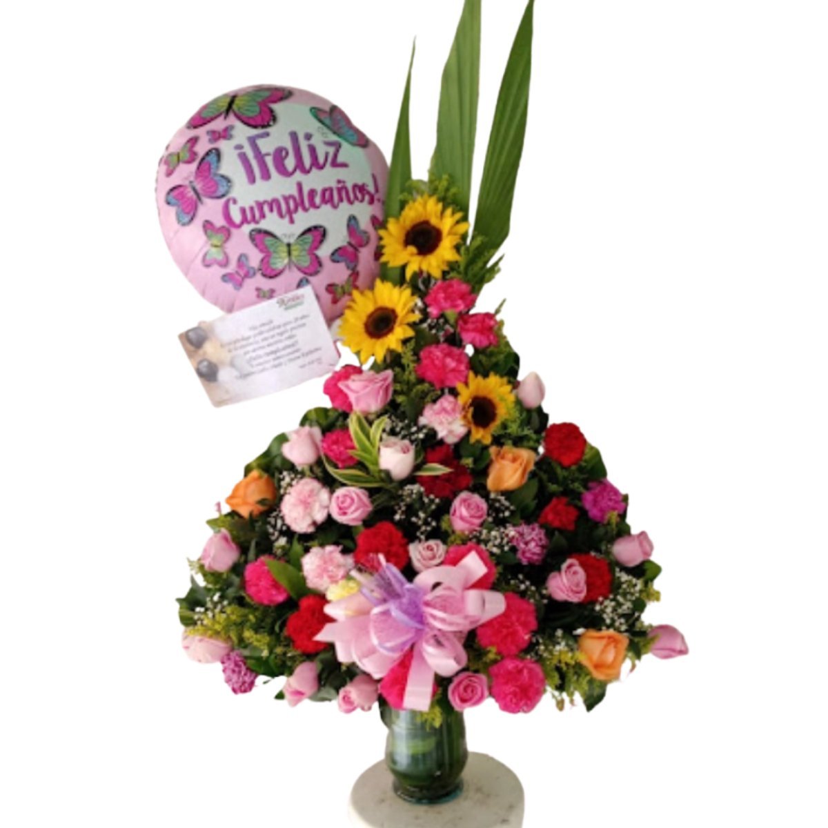 Pirámide de rosas multicolor y girasoles